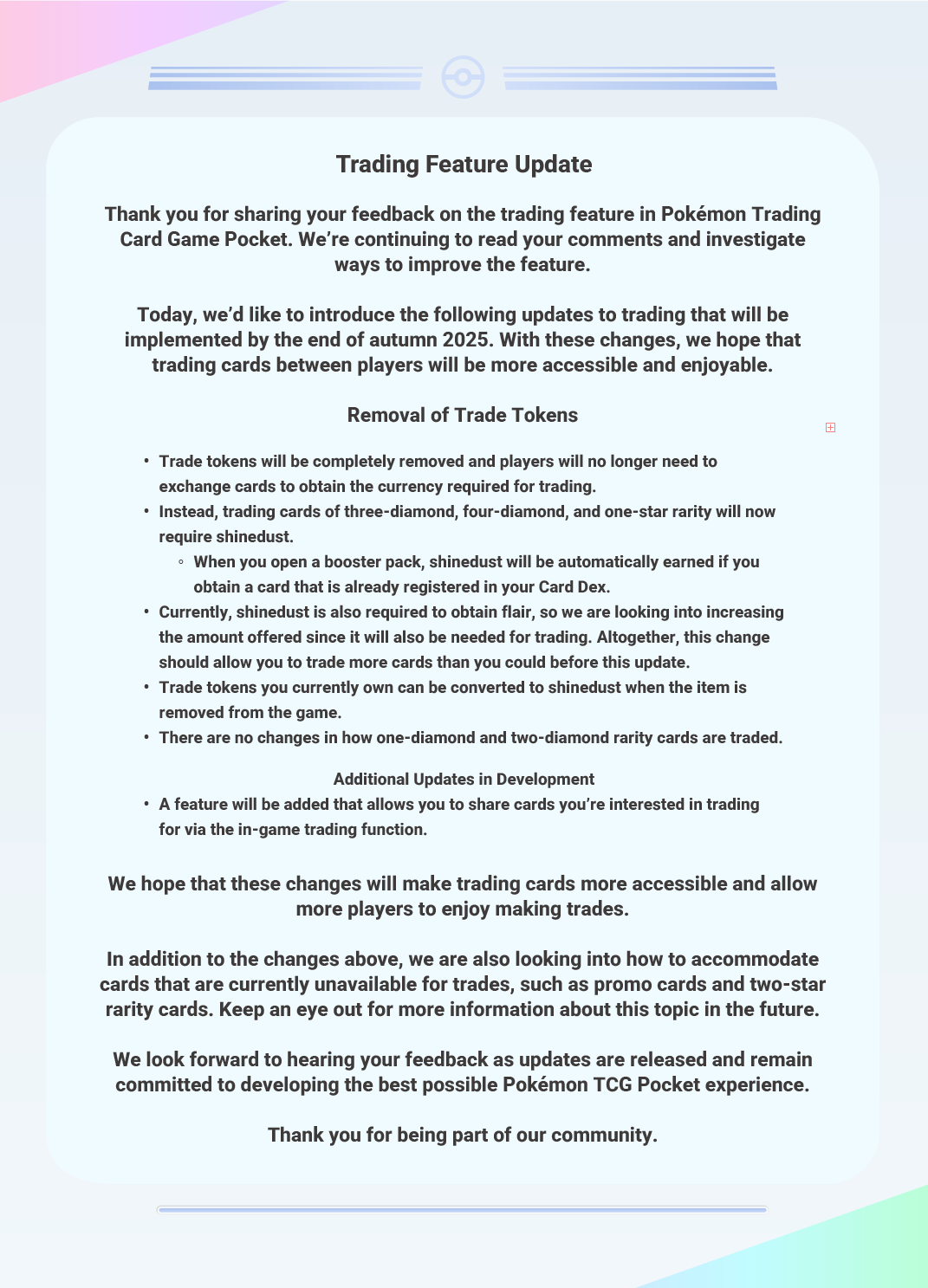 Trading Feature Update shinedust